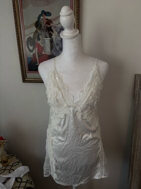 Lace-Trim Satin Chemise Slip in Ivory